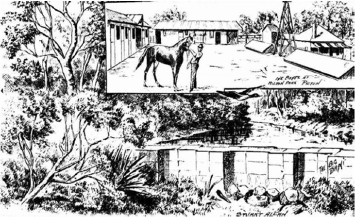 Drawing of stables and stone dam